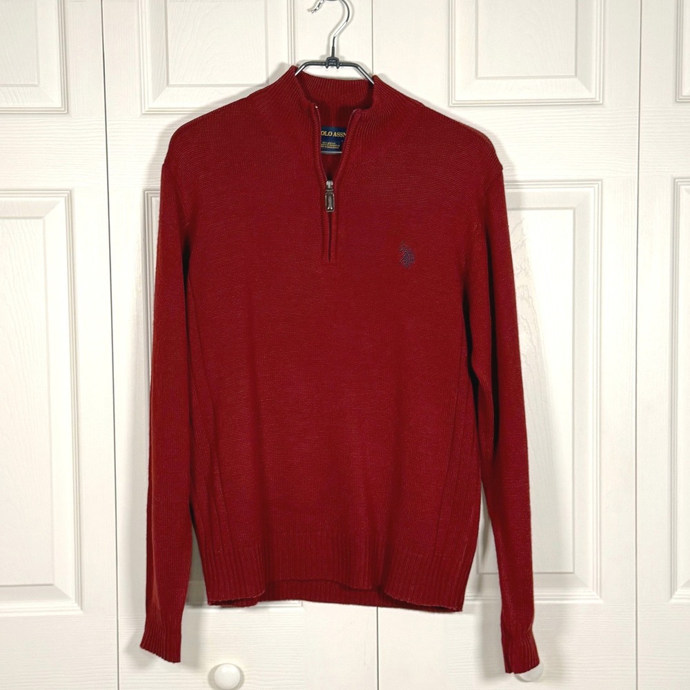 US Polo Assn Mens Quarter Zip Sweater Red Acrylic Knit Mock Neck Large